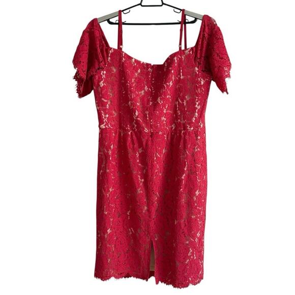City Chic Lace Whisper Dress Sz XL 22 Raspberry Nude Midi Wedding Guest Sexy NWT - Picture 2 of 13